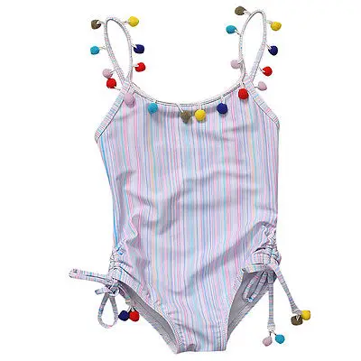 

2017 1-6Y Baby Girls Swimwear Striped One-Piece Suits Mulit Color Belt Swimsuits Tassels Multi Small Ball Kids Cute Beachwear