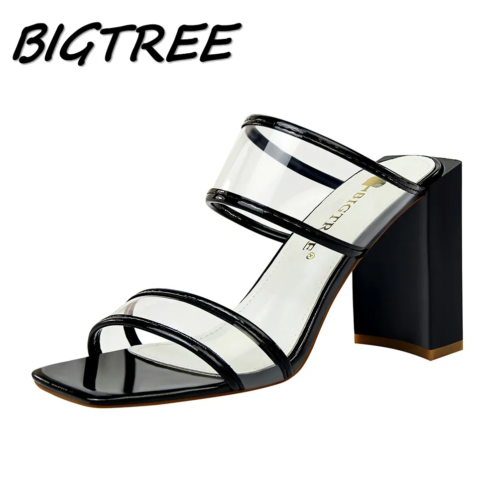 

BIGTREE Summer Women Square heel Sandals Shoes Woman Pumps Fashion Transparent Mixed colors Slip On Female Thick Sandals Shoes