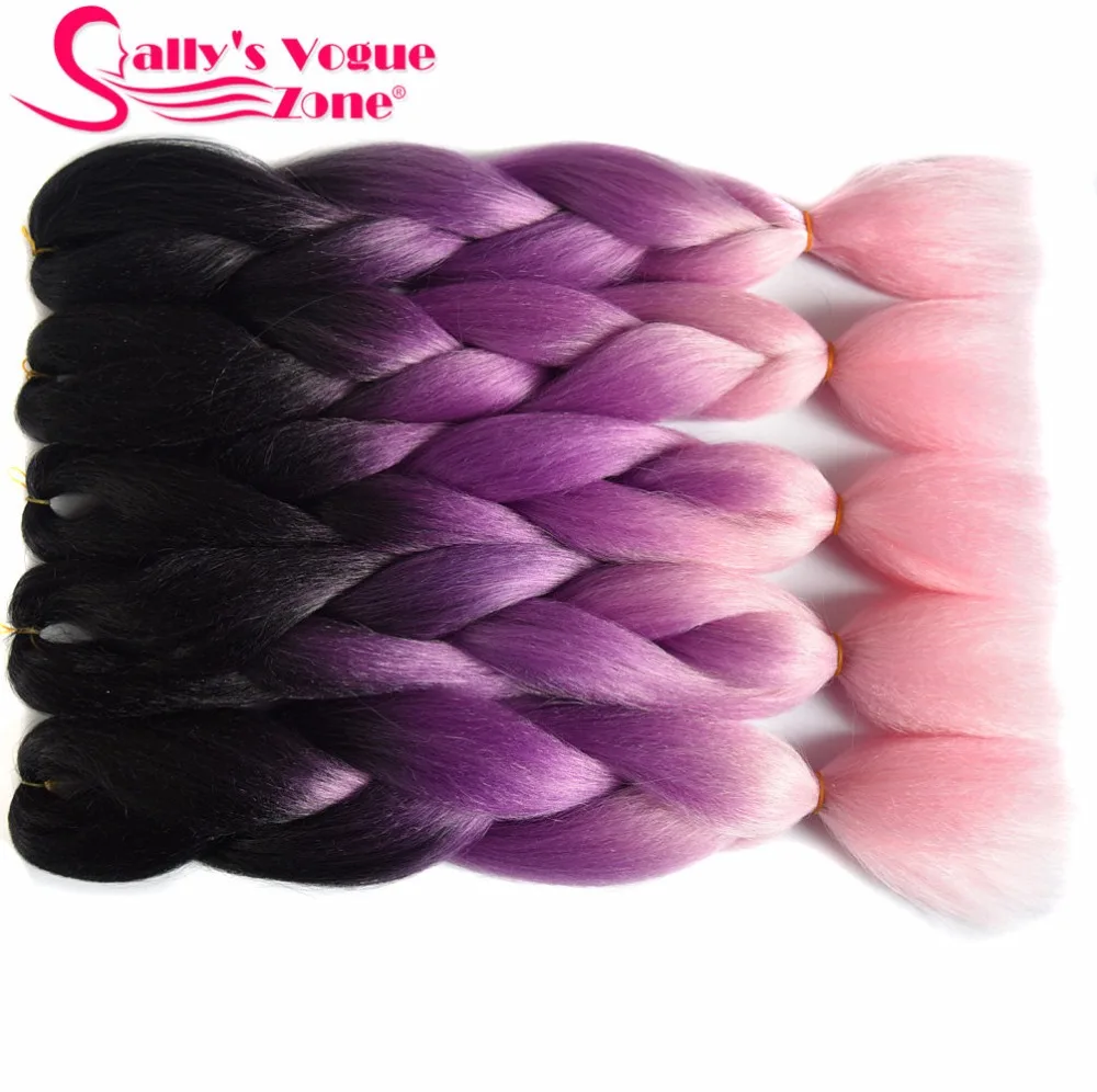Sallyhair 24inch Ombre 3 Tone Black Purple Light Pink Color Synthetic Braiding Hair Extension Bulk Hair Braids