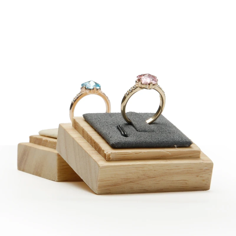 FANXI Solid Wood Creamy-white&Gray Single Ring Display Stand with Microfiber for Jewelry Shop Exhibition Ring Display Holder Jewelry Packaging
