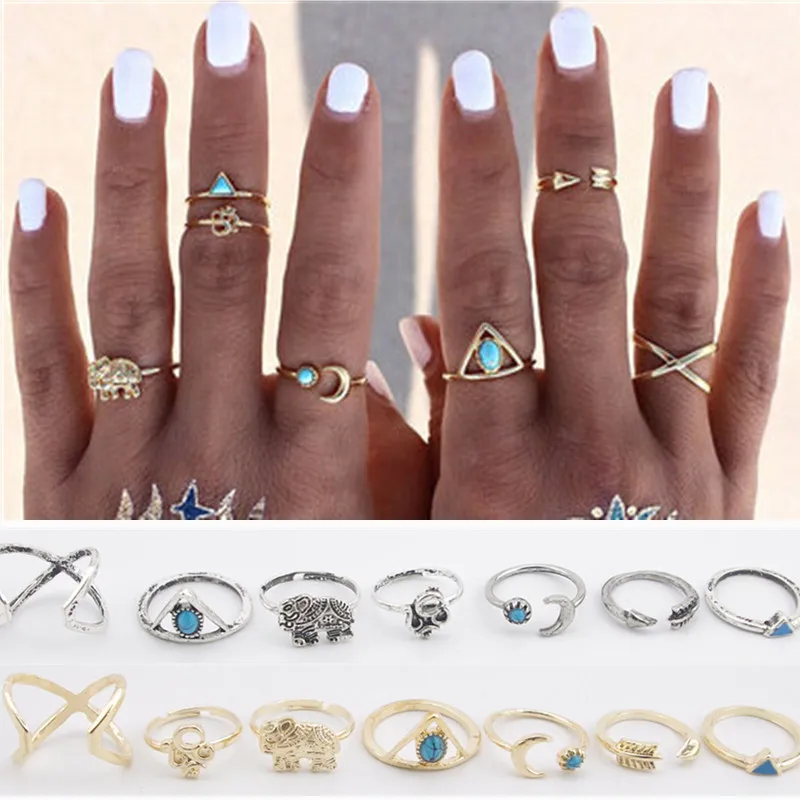 

7PCS\SET Brand Natural Stone Bohemian Midi Ring Set Vintage Steampunk Cross Moon Anillos Ring Knuckle Rings for Women Anel J-297
