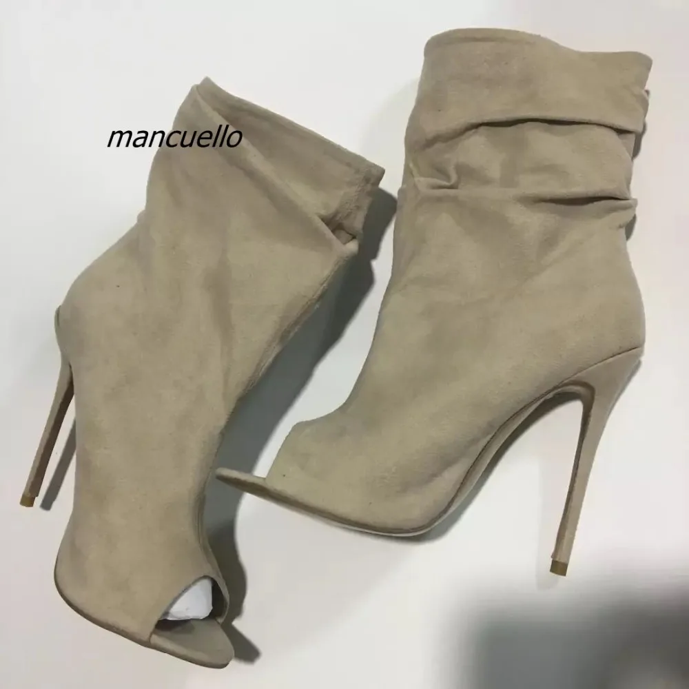 

Trendy Pleated Design Thin Heel Ankle Boots Sexy Beige Suede Open Toe Stiletto Heel Booties Concise Plain Sandal Boots Hot Sell