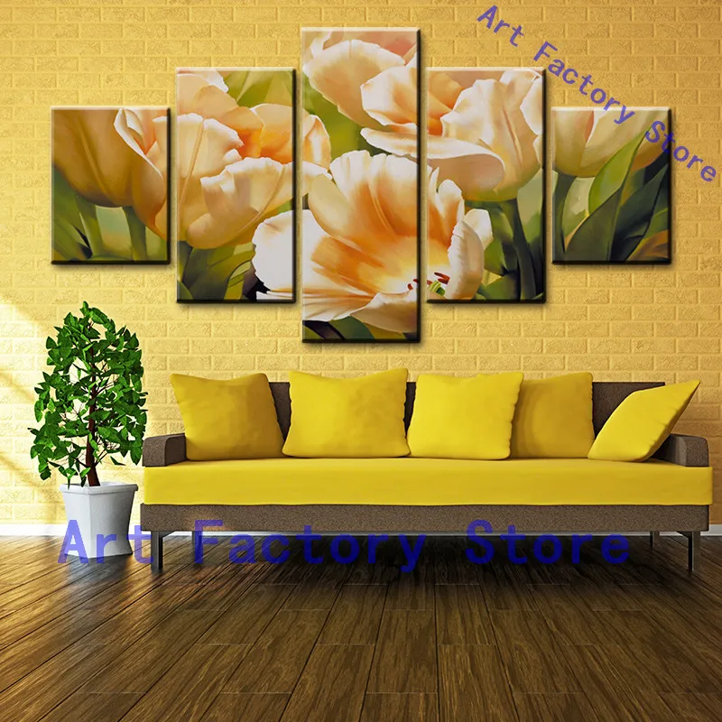 5 Pieces Landscape Wall Art Yellow Flower Canvas Painting Suntset Prints Picture Framed Home