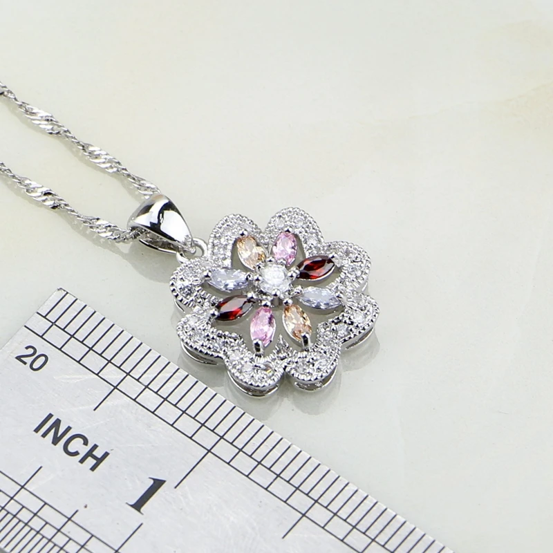 Goede Bloem Multicolor Zirkoon 925 Zilveren Sieraden Sets Voor Vrouwen Bruiloft Oorbellen Hanger Ring Armband Ketting Set