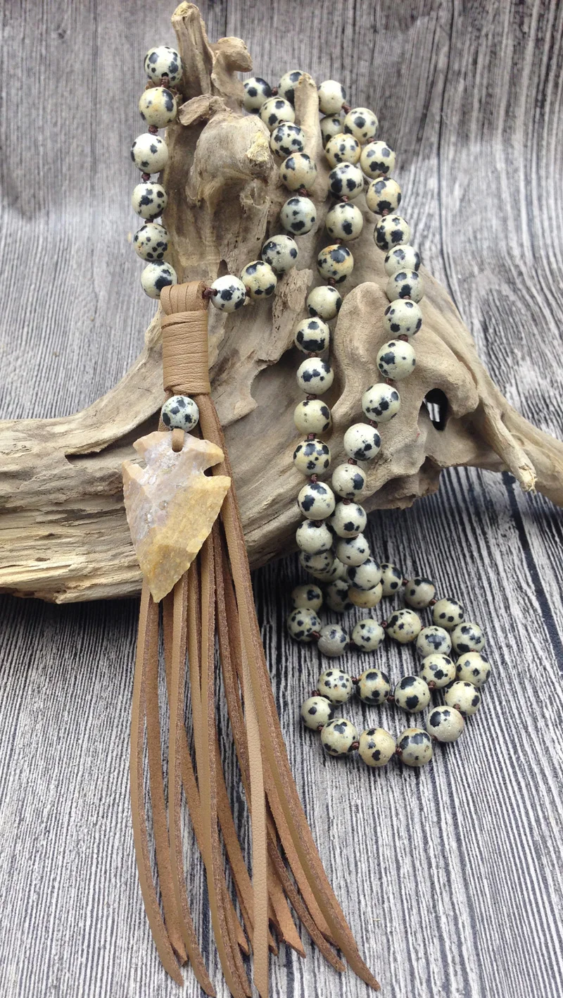 

YA2666 Natural Stone Arrow Leather Tassel dalmatian Jaspe Stone 8mm Beads Knot Handmade Necklace 30inch