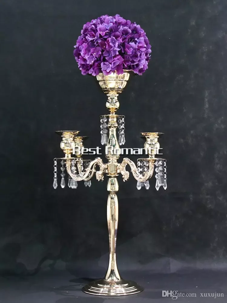 

Silver Height 76cm gold 5 Heads Crystal Candelabra, Candle Holder, wedding Centerpiece, flower bowl Candle holder with pendants
