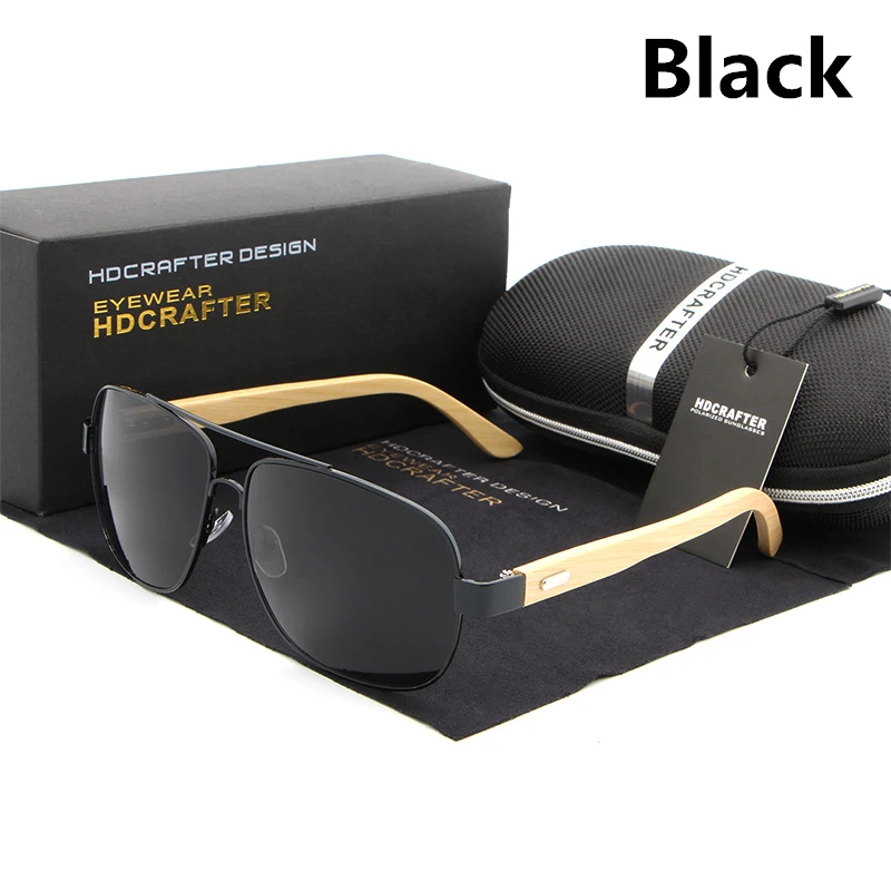 HDCRAFTER крутые брендовые дизайнерские солнцезащитные очки для женщин, бамбуковые ножки, металлическая оправа, солнцезащитные очки для мужчин и женщин, деревянные солнечные очки - Цвет линз: black