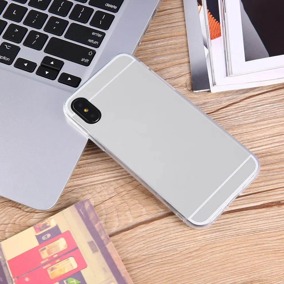 

2 Pcs Ultra-thin Soft Silicone TPU Silver Color Back MakeUp Mirror Phone Case Shock-Absorption Protective Case for iPhone X