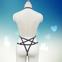 Черный эластичный экзотический лифчик бондажный бюстгальтер Harajuku пентаграмма стринги вечернее платье выпускного вечера byustgaltyer бондаж упряжь Готическая клетка бюстгальтер
