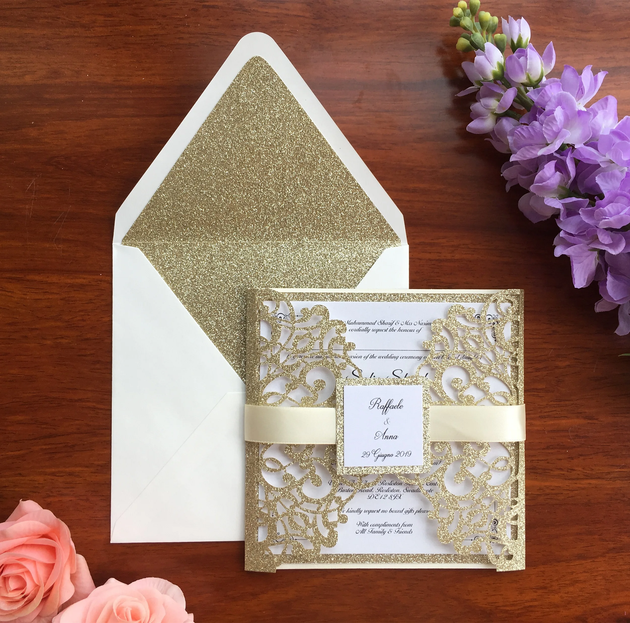 

Customized Laser Cut Glitter Wedding Party Invitations With Band Tag, Luxury Marriage Invitation Cards, 100PCS, Express Shipping