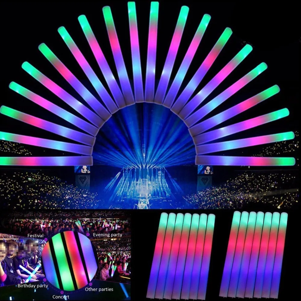 

15Pcs/Lot Foam Stick Wedding LED Party Fluorescent Colorful Glow Rally Rave Cheer Glow Baton Wands Light Up Glow Stick Festival