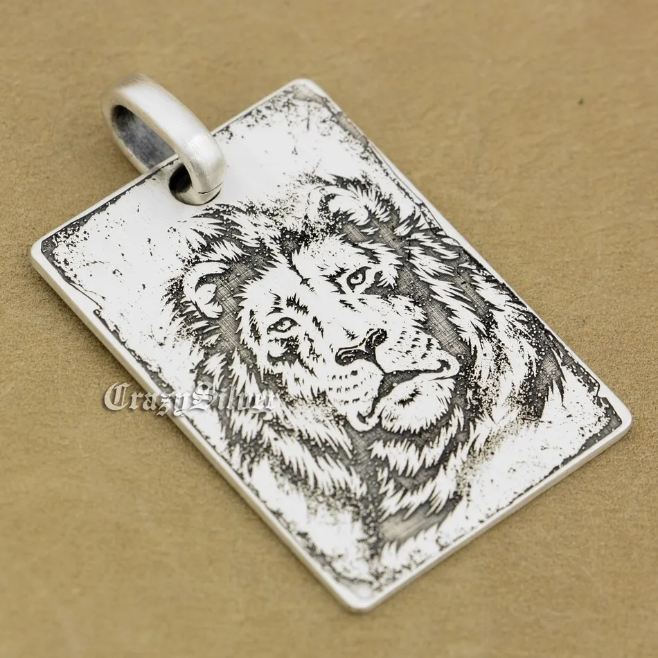 

Deep Engraved Customizable High Detail 925 Sterling Silver Lion Dog Tag Mens Biker Rocker Punk Pendant 9X003 Just Pendant