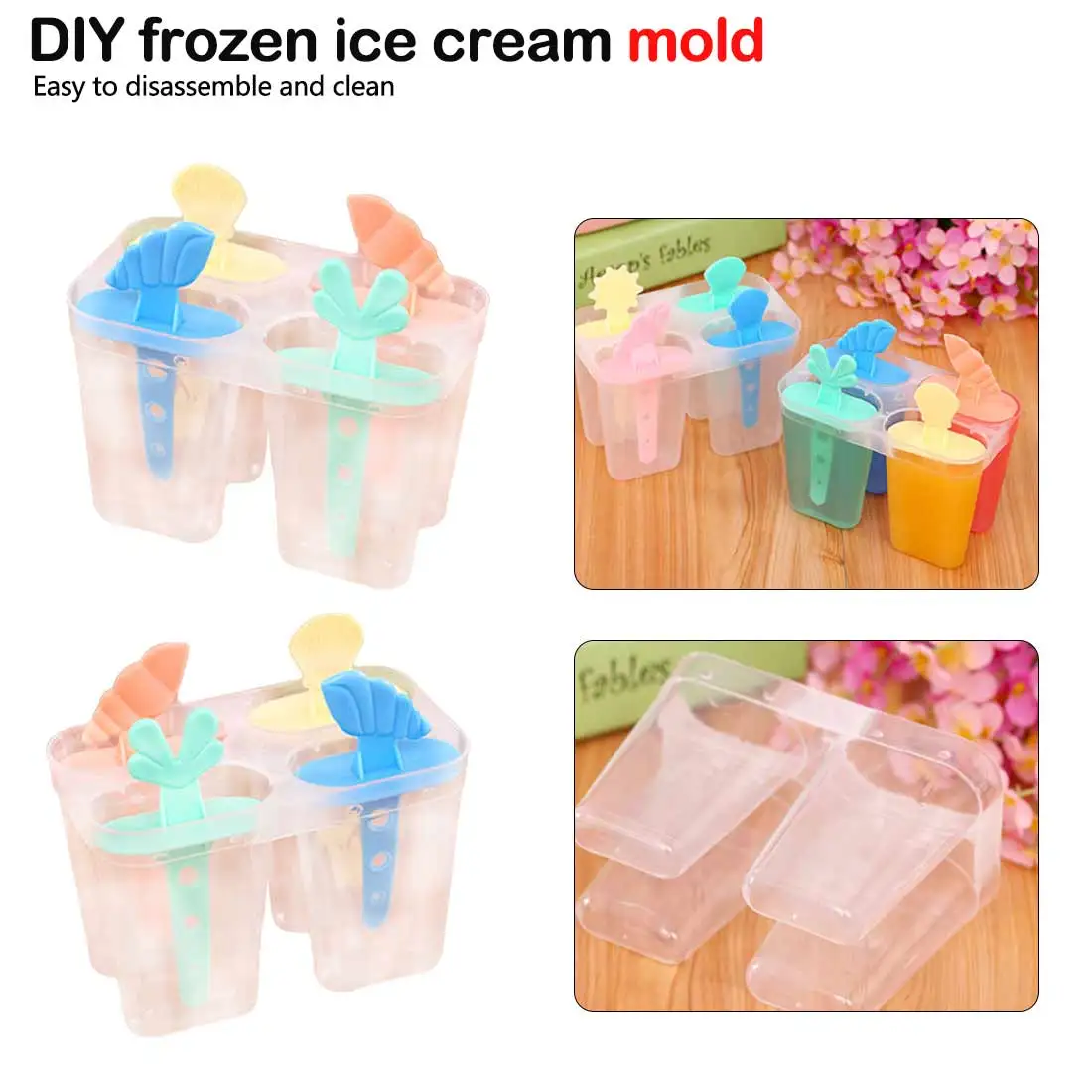 

Household Icecream Mold PP 4 grids/set Rectangle Shaped Reusable Ice Cream Popsicle Molds Cooking Tools