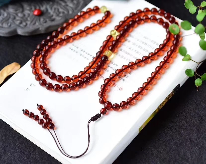 

Certificate Natural Blood Red Amber Women 7.5m 108 Prayer Round Beads Bracelet Stretch Crystal Stretch Bracelet Reiki Stone AAAA