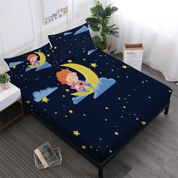 

Little Boys Sheets Set Kids Cartoon Dark Blue Moon Starry Bedsheet King Queen Fitted Sheet Deep Pocket Pillowcase Home Decor