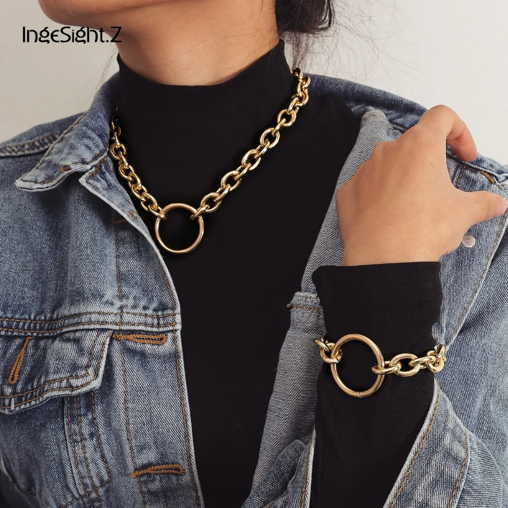 

IngeSight.Z Vintage Choker Necklace Collar Statement Punk Big Round Circle Chunky Necklace Bracelet Set for Women Men Jewelry