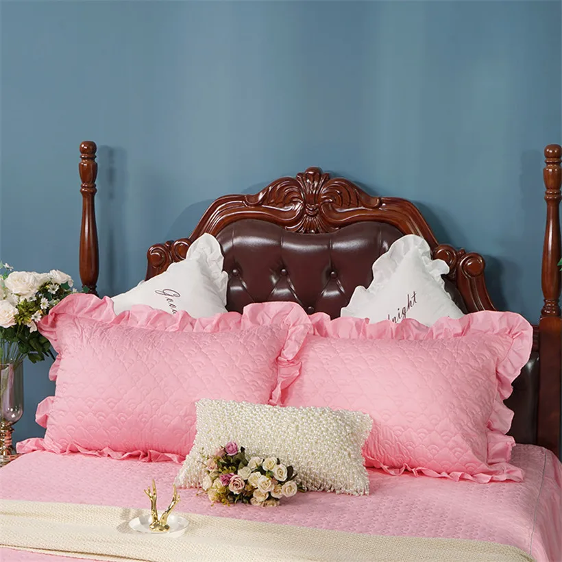 Стеганый хлопковый мягкий комплект постельного белья, Одноцветный розовый кремовый двухслойный кружевной пролитый Комплект постельного белья для девочек, кружевной комплект постельного белья с оборками, Королевский размер