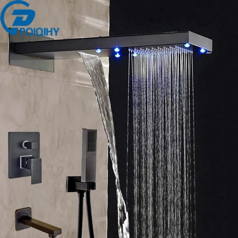 

POIQIHY LED Light Shower Set Faucet Oil Rubbed Bronze Wall Mounted Single Handle Waterfall &Rainfall Spout W/Hand Shower