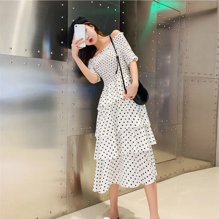 Summer Sweet Stretchy Chest Ruffled Dress Slash Neck Women Polka Dot Elegant Party Vestidos Ladies High Waist Cake Dresses | Женская