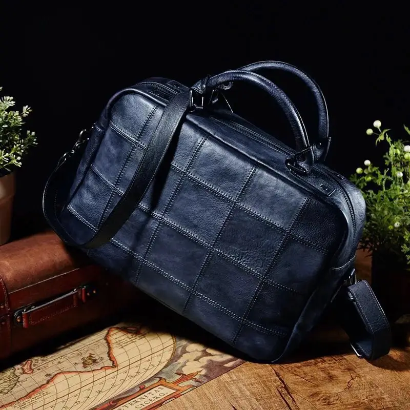 Vintage Lattice Designer Genuine Leather Man Briefcase Laptop Bag Cowhide Dark Gray Blue Men ...