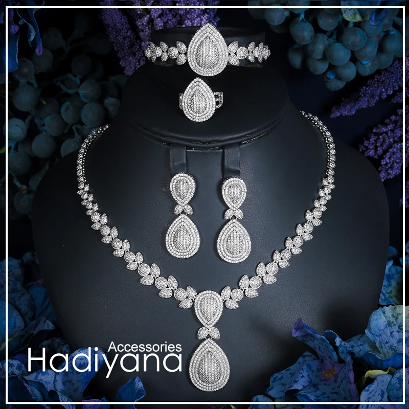 Hadiyana de lujo brillante circón cúbico 4 piezas conjunto de joyas para las mujeres Venta caliente collar y pulsera y pendientes conjuntos de joyas CN289 - 1
