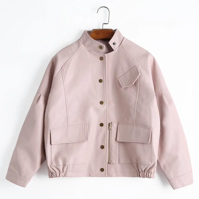 

Ailegogo New Autumn Women Vintage PU Leather Jacket Short Design Loose Faux Leather Jackets Harajuku Baseball Uniform Outwear