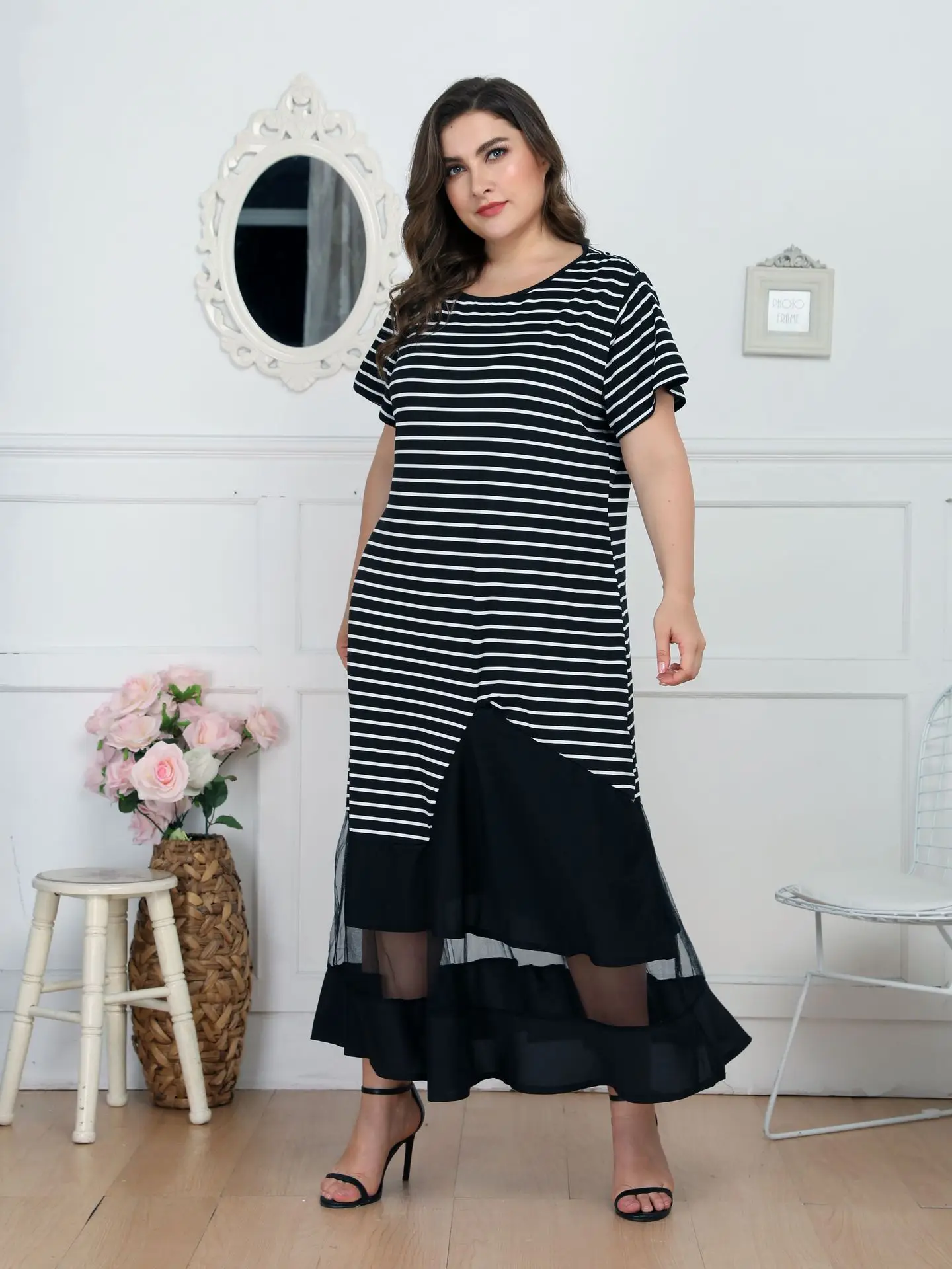 

Striped Plus Size Bohemian Dresses for Women Patchwork Summer Beach Dresses Mesh Vestidos