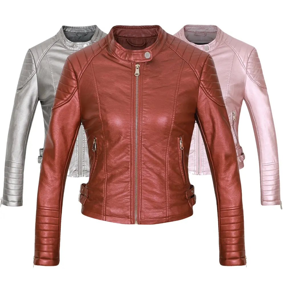 Billig 2020 Mode Frauen Elegante Zipper Faux Leder Biker Jacke in Braun Schwarz Dünne Damen Mantel Casual marke Motorrad Leder Mantel