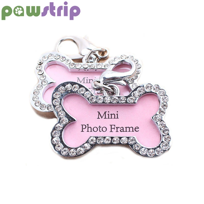 

pawstrip 1pc Rhinestone Pet ID Tag Bone Shaped Dog Anti-Lost Tags Pink Princess Cat Identification Tag Stainless Steel Nameplate