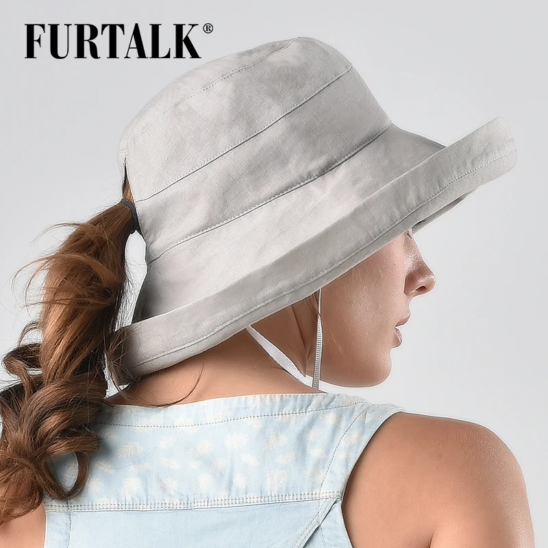 Шляпка FURTALK женская с хвостом Панама из хлопка и льна шапка от солнца для отдыха