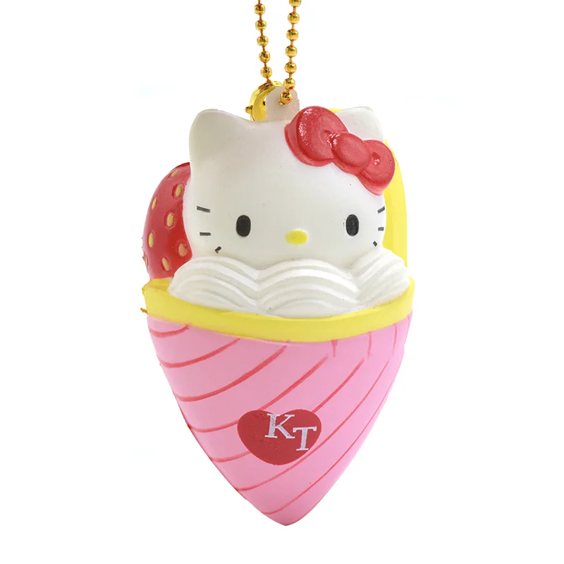 

7cm Licensed Hello Kitty Ice Cream Squishy Simulation Food Soft Strawberry Love Bread Scented Cartoon Bow Ballchain Toy with Tag