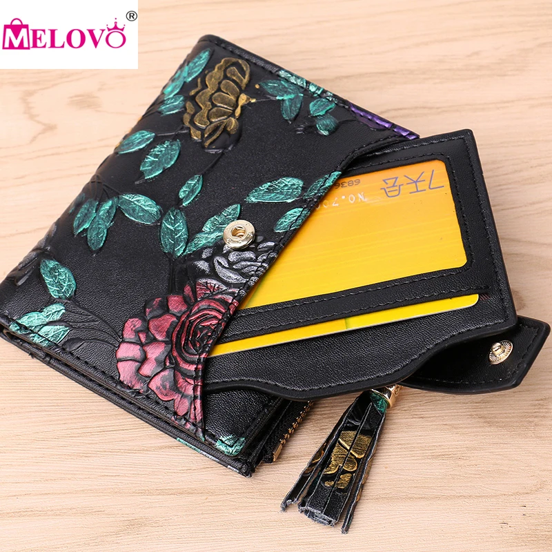 

MELOVO Embossing Floral Short Clutch Purse Genuine Leather Women Wallet Female Card Holder Clutch 6889