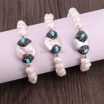 

6Pcs Natural freshwater pearl bracelet with pave Zircon charms,Fashion Jewelry Pearl Bracelets
