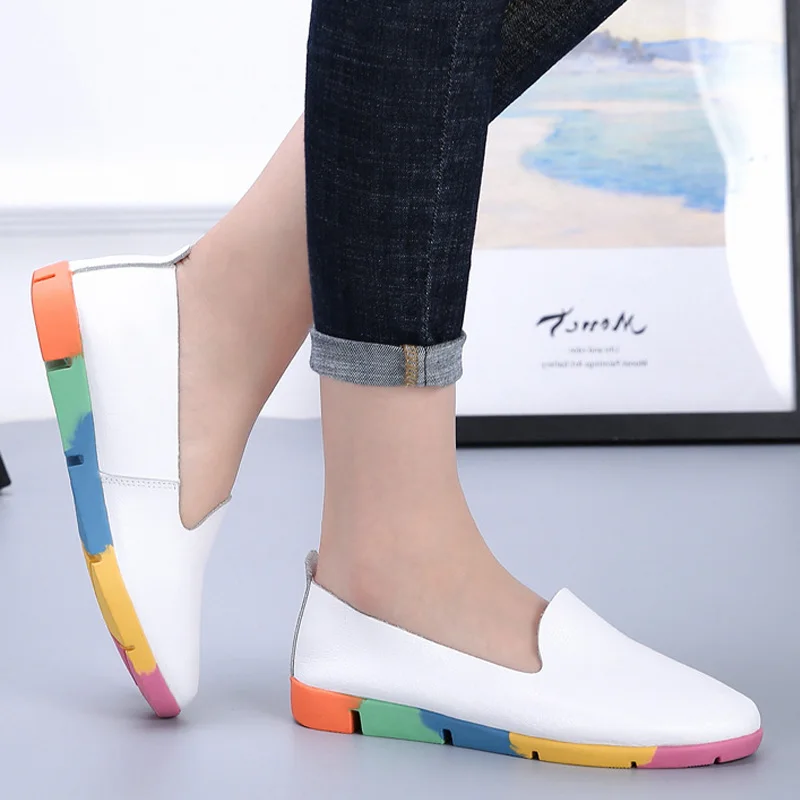 

Plus Size Breathable Spring Autumn Genuine Leather Women Ladies Sneakers Solid Slip-On Tenis Teminino Nurse Peas Flats