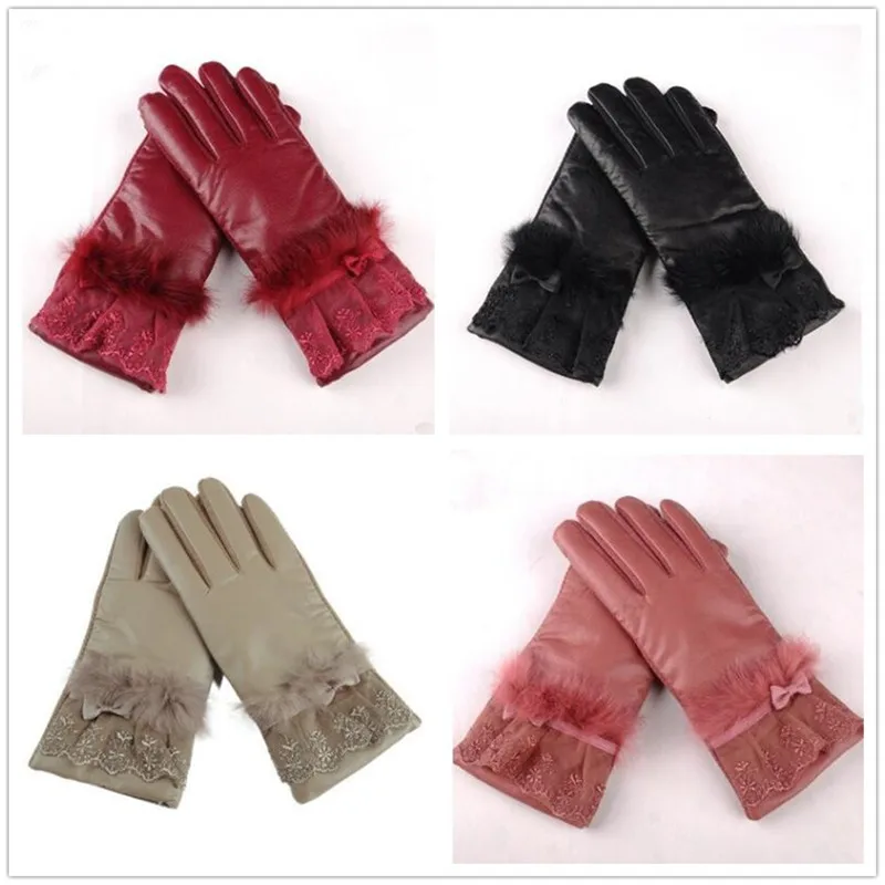 

Women's Outdoor Gloves PU Leather Lace Rabbit For Winter Warm Soft Cashmere Full Finger Guantes Driving Soft Lining HYZ9110