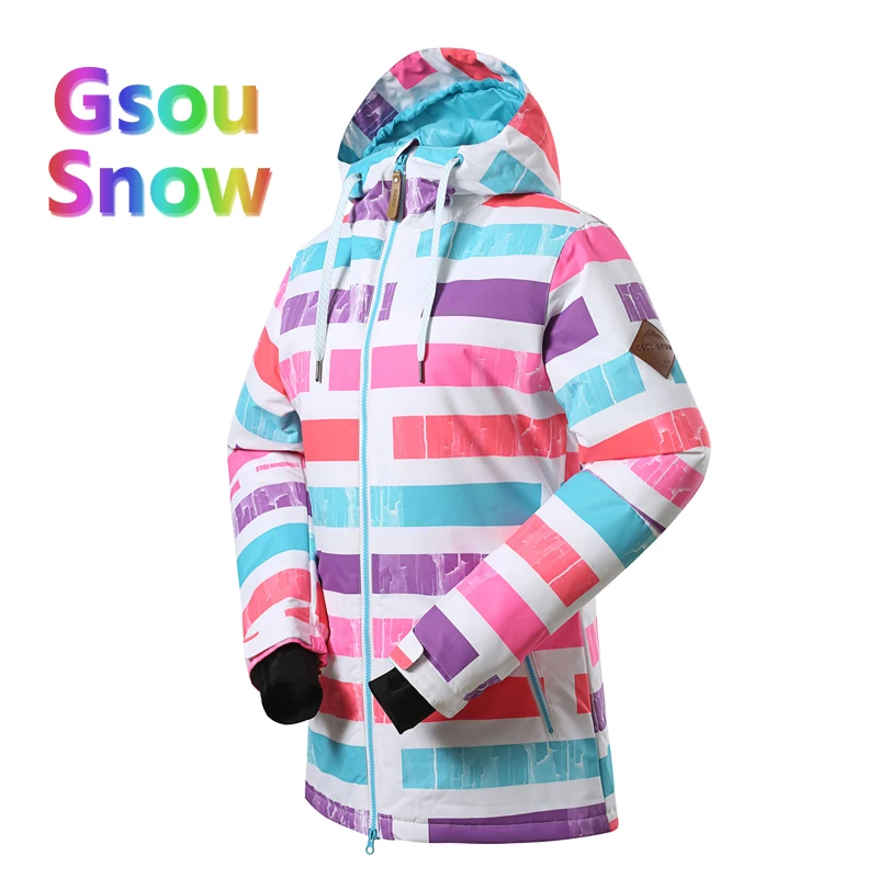 Gsou Sonw Outdoor Sports Winter Women Lattice Snowboarding Warmer Ski Jackets Stripes Waterproof Wave point Skiing Clothing