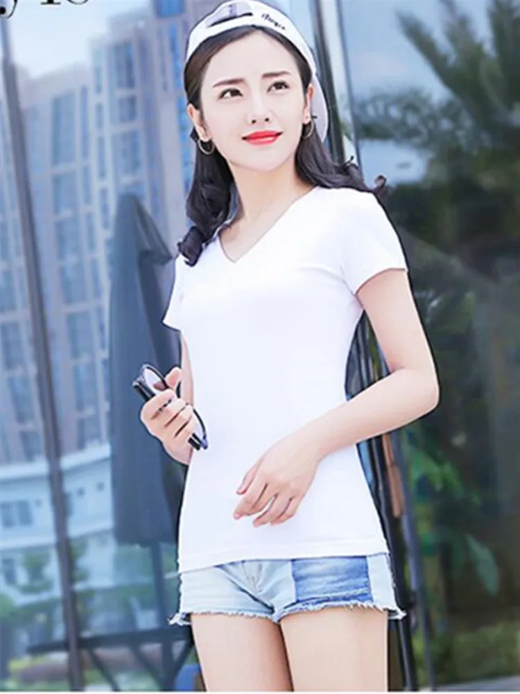 

Spring Women Cotton Top Summer T Shirt V Neck Slim tshirt Plus Size 3XL Solid Tees Aesthetic Short Sleeve Tumblr OL Korean Tops