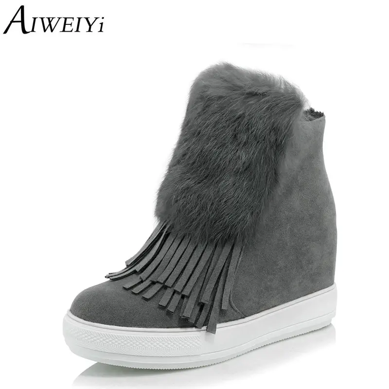 Goede AIWEIYi Wiggen Schoenen Vrouw Flock Ronde neus Hoge Hakken Enkellaars Zwart Bont Winter Schoenen Wit Zip Platform Pompen Schoenen