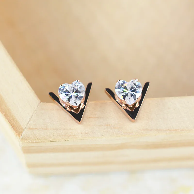 

Martick Geometric Big Cubic Earrings V Shape With Heart Dazzling Rhinestone Fashion Stud Earrings For Girl Present E197