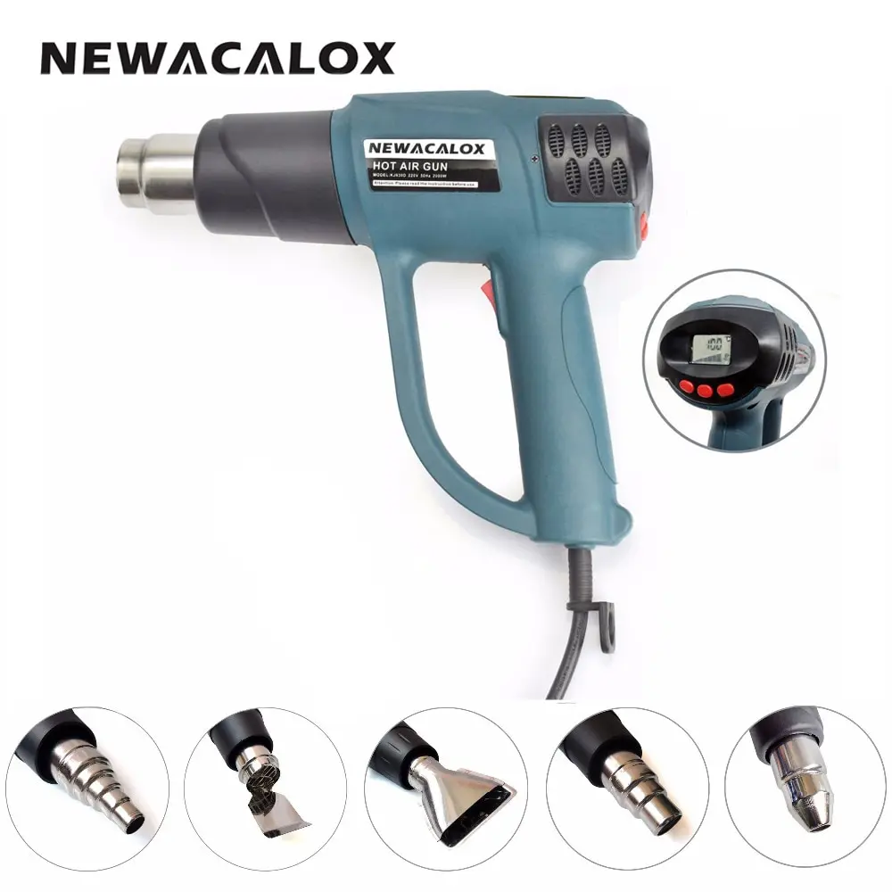 

NEWACALOX 2000W 220V EU LCD Industrial Heat Gun Shrink Wrapping Hot Air Gun Nozzles Smart Control Thermoregulator Power Tool