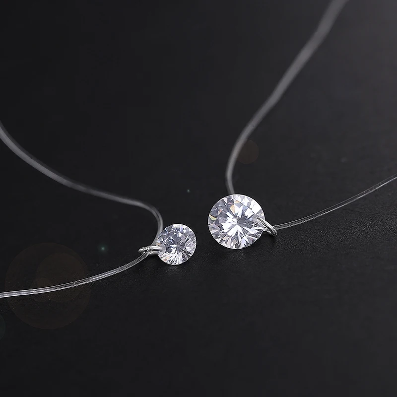 

925 Sterling Silver Dazzling Zircon Necklace And Invisible Transparent Fishing Line Simple Pendant 38-40cm Personality Jewelry