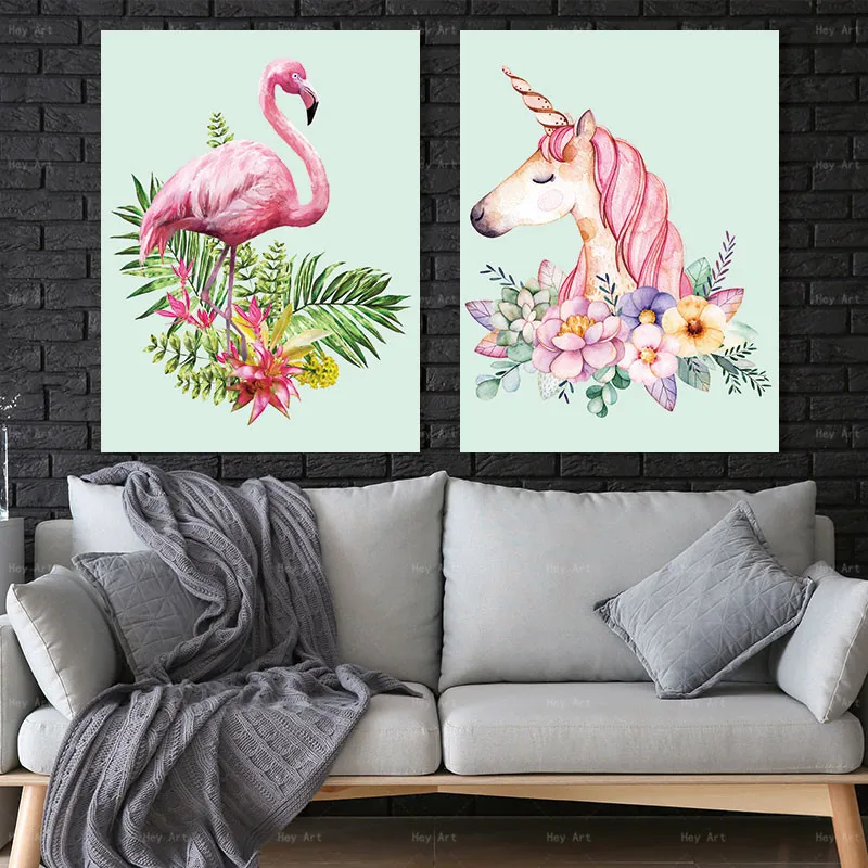 Frameless Printing Flower Wall art Cartoon Animal Pictures for Wall Posters and Prints Flamingo unicorn Canvas Painting
