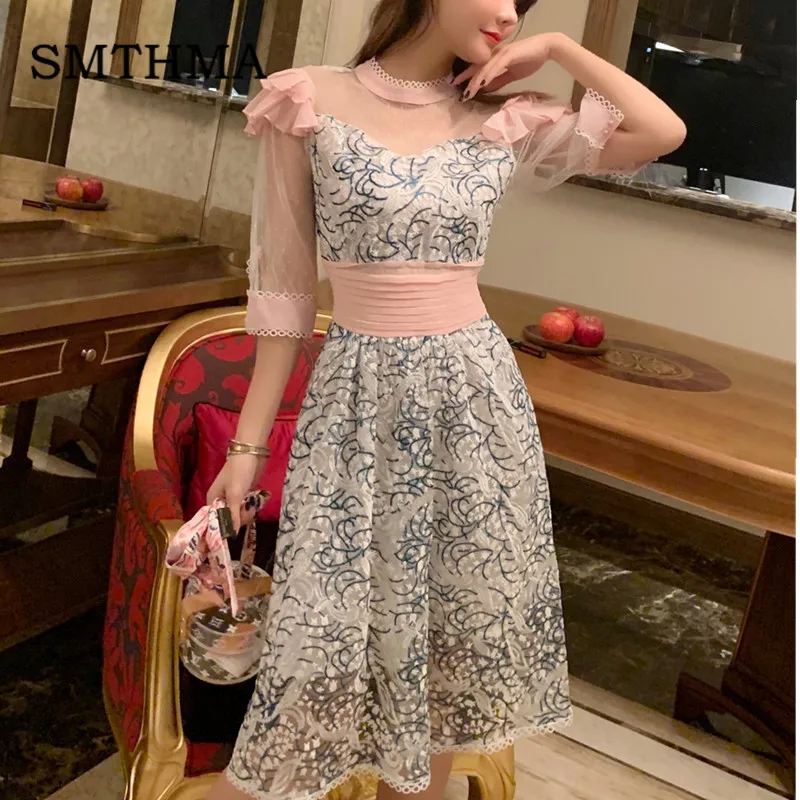 

SMTHMA High Quality Runway Dress 2019 New arrive Mesh Embroidery Patchwork Dress Women Chic Summer Dress
