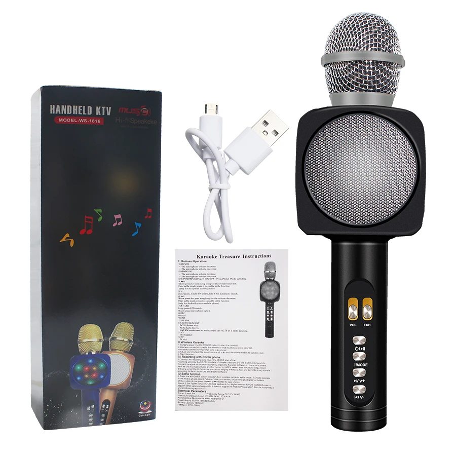 WS1816 ручной микрофон беспроводной Bluetooth караоке микрофон USB плеер микрофон динамик с шумоподавлением для дома KTV