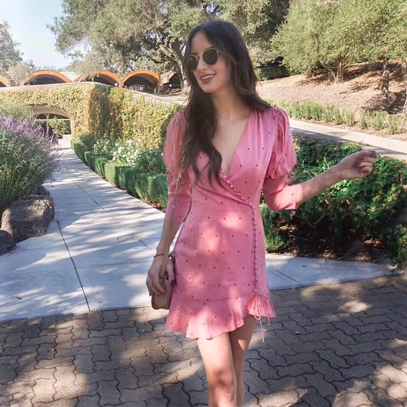 

100% Silk Pink V-Neck Wave Point Drawstring Lotus Leaf Medium Dress