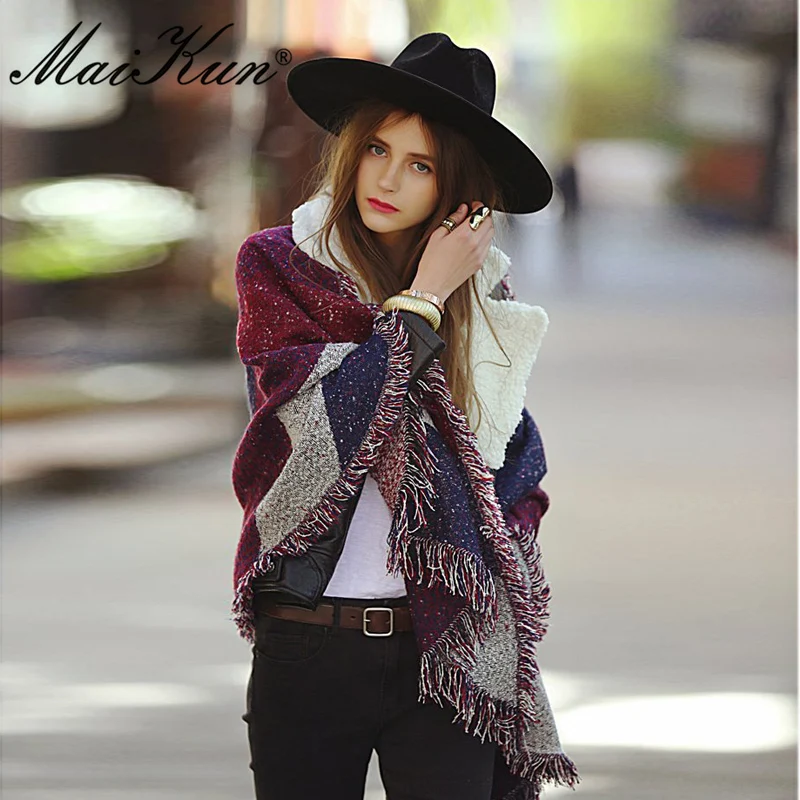 Maikun Fashion Pashmina Women Scarf Warm Winter Plaid Scarf Shawl Reversible Cape Shawl Wraps Blanket Warm