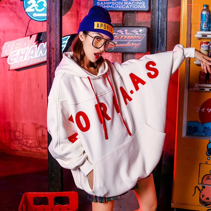 

Jessica's Store Autumn Winter Women Casual Ultra Loose Batwing Sleeve Hooded Plus Velvet Warm Cotton Oversize White Chic Hoodies