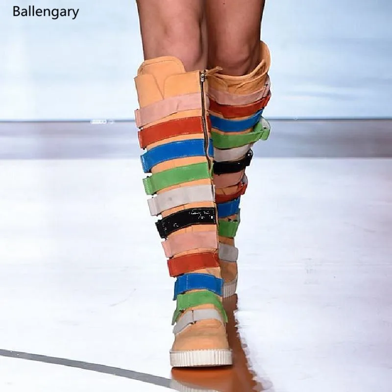 

Boot Mujer Autumn Winter 2018 Colorful Suede Leather Boot Caged Straps Thigh Boots Women Flats Knee High Boots Platform Shoes