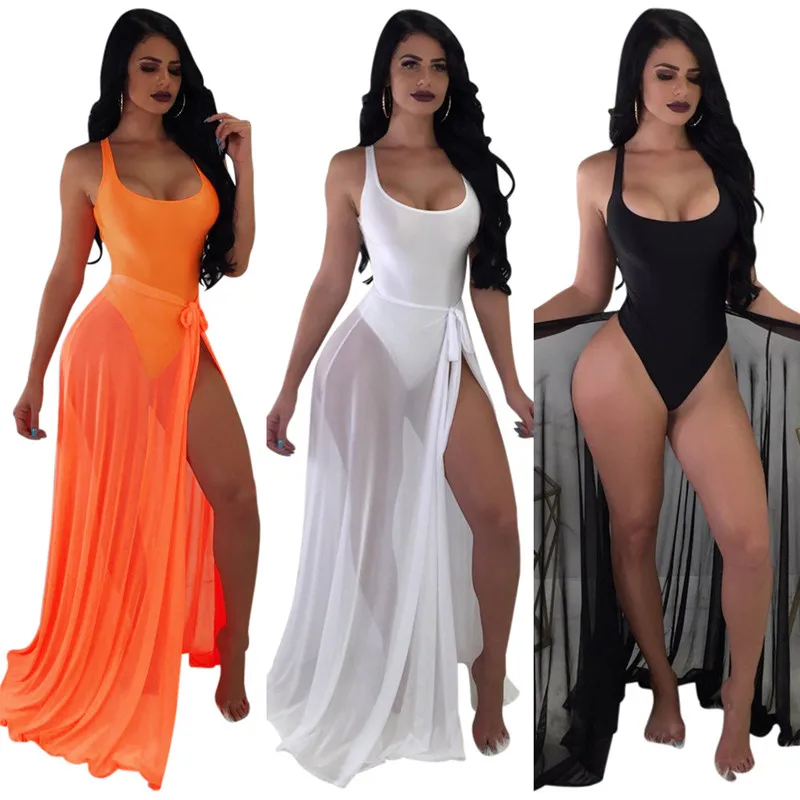 Beachwear 2 Piece Dress Set Women Sleeveless Bodysuit and Sexy See Through Mesh Maxi Skirt Set Summer Beach Dresses Outfits 2018 Women's Sets