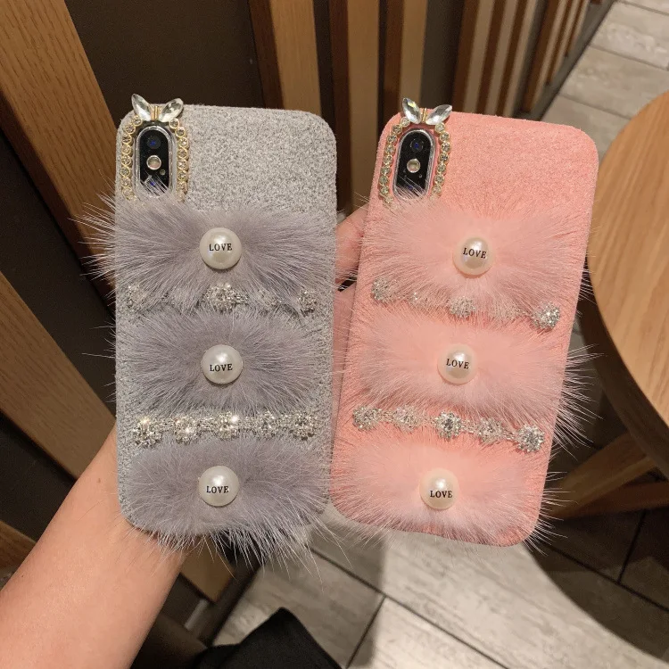

Kuutti Squishy Luxury Women Furry Pearl Rhinestone Korean Phone Cases for iPhone 6 6s 7 8 Plus X XR XS Max DIY Mobile Cover Gift